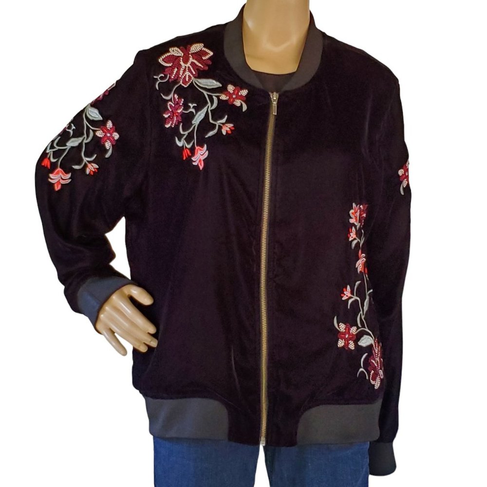 ana Black Velour Floral Embroidered Jacket XL Full Zip Long Sleeve Lined Pockets